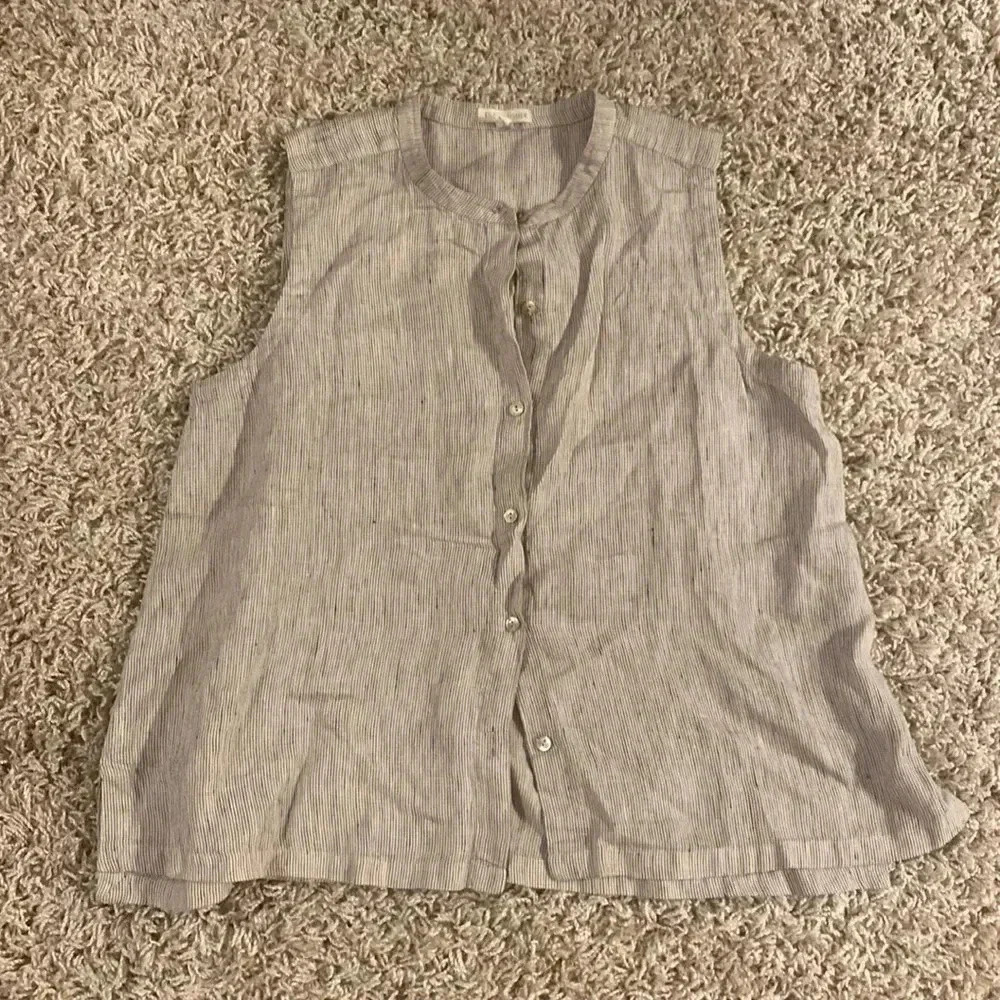 Eileen Fisher Gray Striped Linen-Blend Sleeveless Button Tank